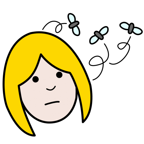 Pictograma dunha rapaza cos moscas arredor semellando despistada