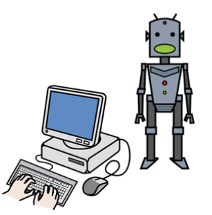 Unhas mans escribindo nun ordenador e un robot de pé.