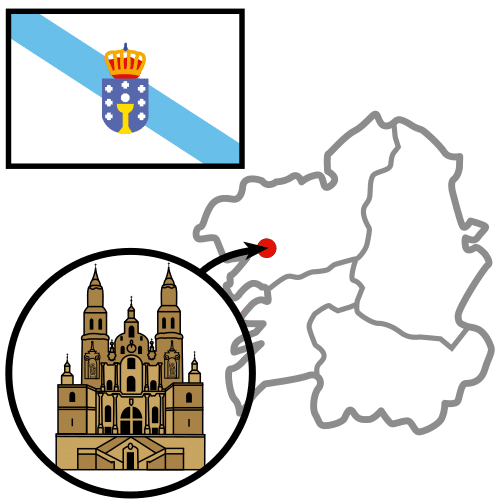 Pictograma sinalando Santiago de Compostela sobre un mapa de Galicia