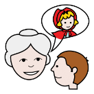 Pictograma que representa unha muller contando un conto a un cativo