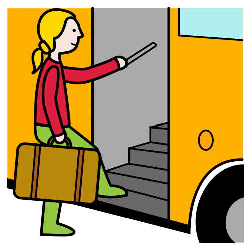 Pictograma que representa unha muller cunha maleta subindo a un autocar