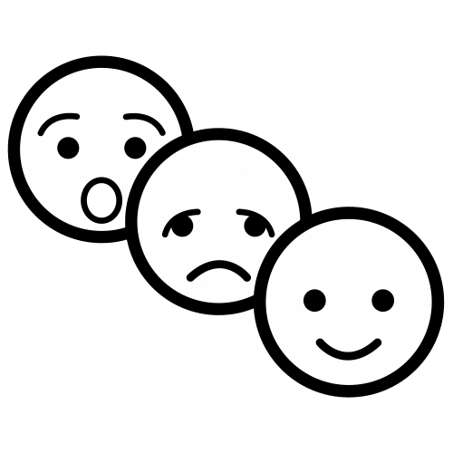 Debuxo simple de tres caras expresando diversos sentimentos