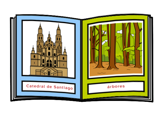 Vese un libro cunha imaxe da Catedral de Santiago á esquerda e unha imaxe dunhas árbores á dereita