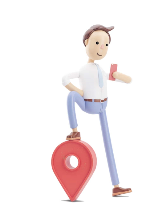 Imaxe dunha persoa cun dispositivo sobre un marcador de Google maps