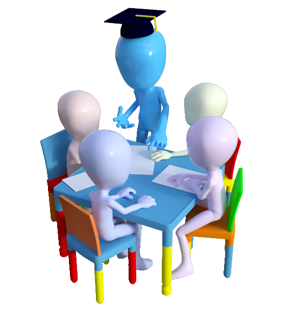 Docente co alumnado traballando en grupo