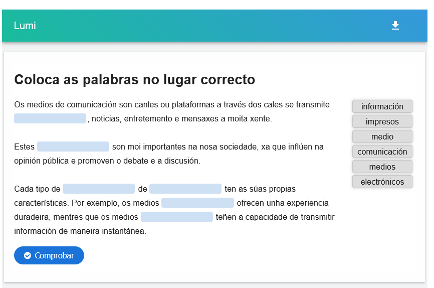 Captura de pantalla da actividade Coloca as palabras