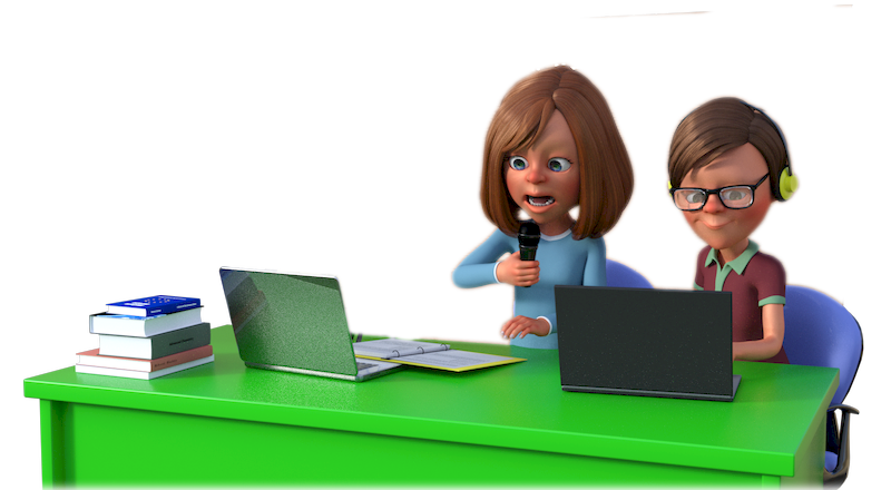 Rapaza e rapaz facendo o programa de radio