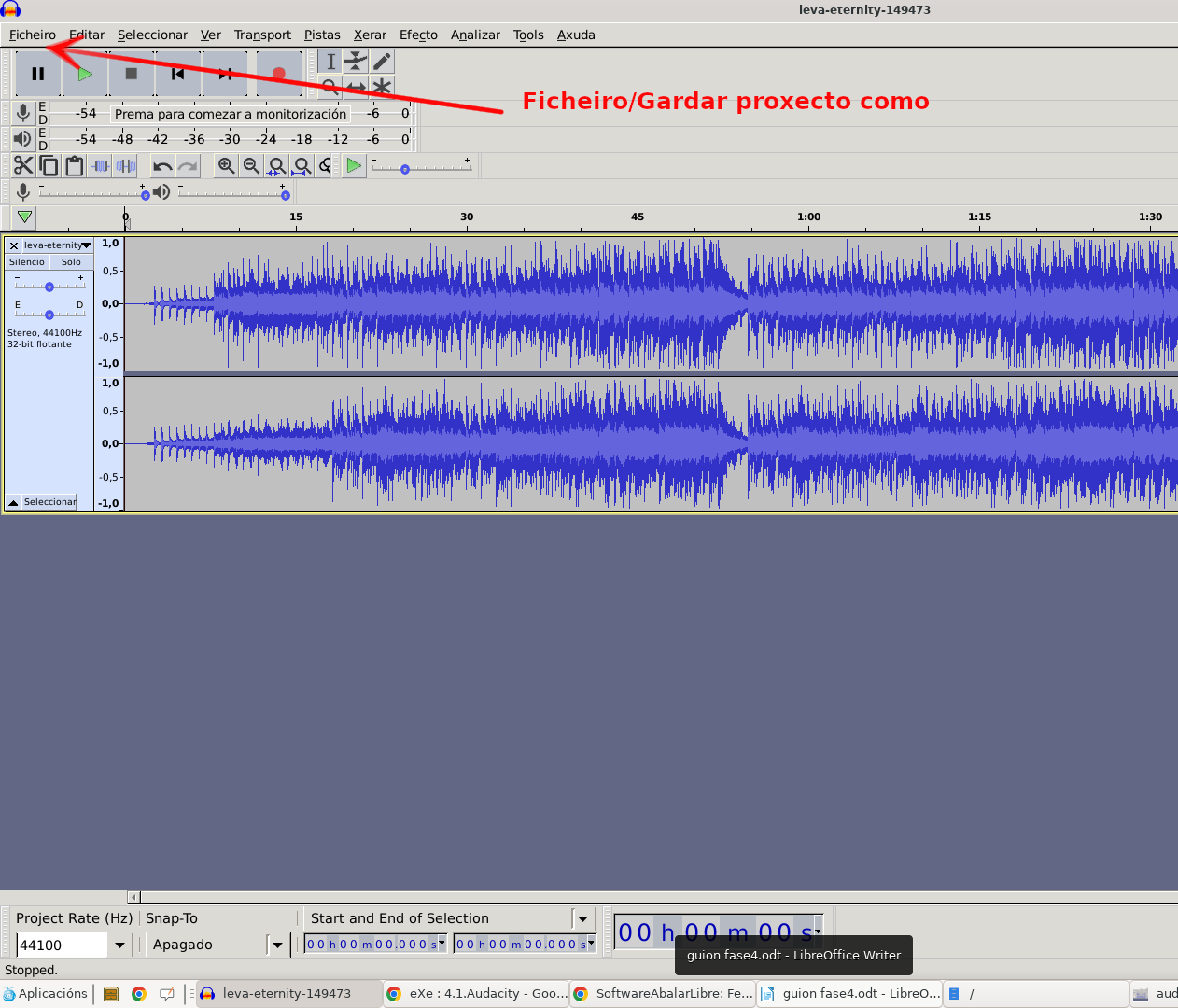 Botón de exportar ficheiro en Audacity