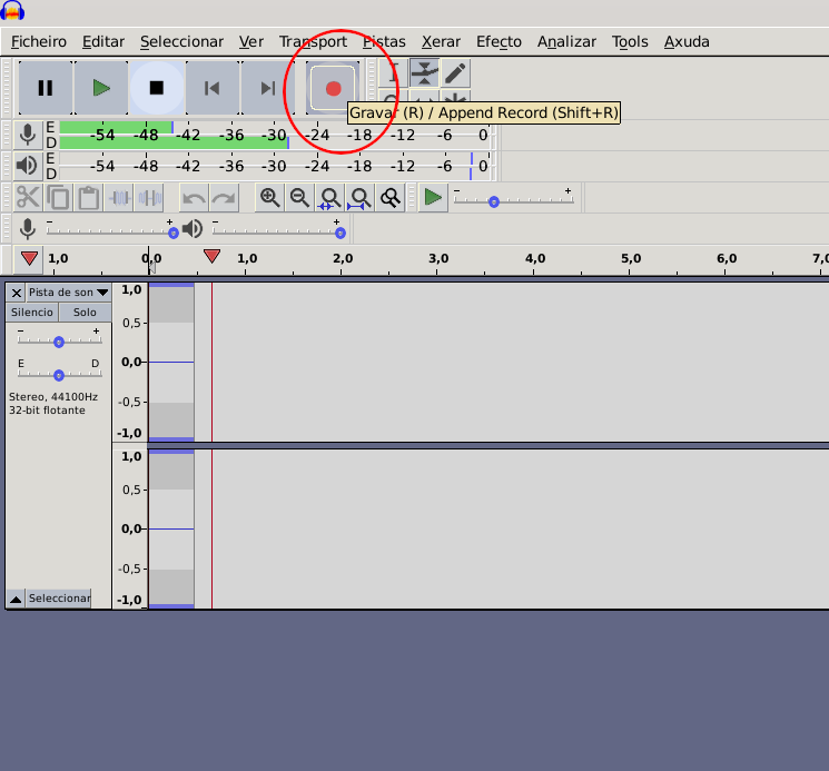 Botón de gravar en Audacity