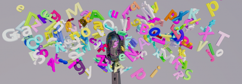 Un micrófono con letras arredor