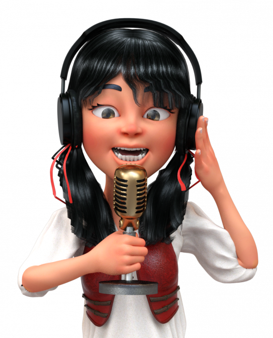 Imaxe dunha nena con traxe medieval e un micro