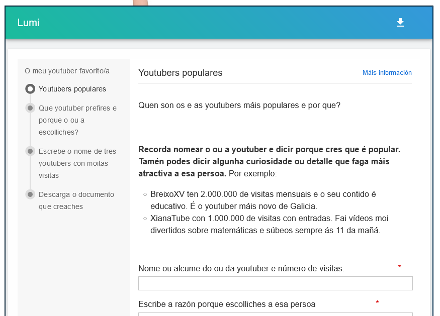 Captura de pantalla da actividade Youtubers populares