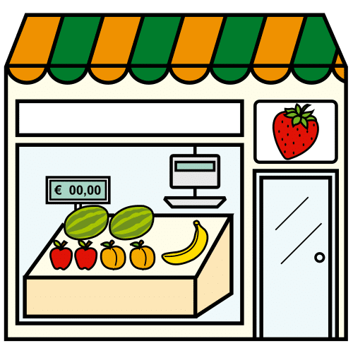 Escaparate de frutería con diferentes frutas en el expositor