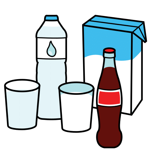 Botella de agua, cartón de leche, botella de cola y dos vasos