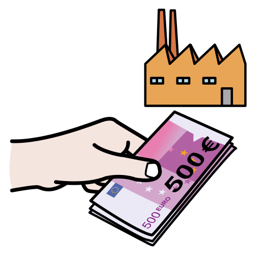 Financiar (Arasaac) Pictograma que muestra una fábrica y una mano con un fajo de billetes de 500 euros