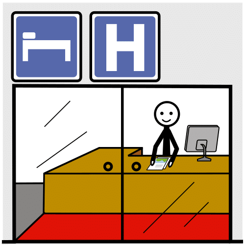 Recepción del hotel (Arasaac) La imagen muestra el recibidor de un hotel