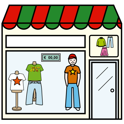 Tienda de ropa (Arasaac) Tienda con ropa y una persona