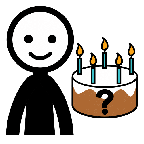 Personaje con una tarta de cumpleaños y un interrogante