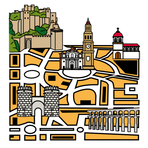 Centro histórico de una ciudad con diferentes zonas marcadas.