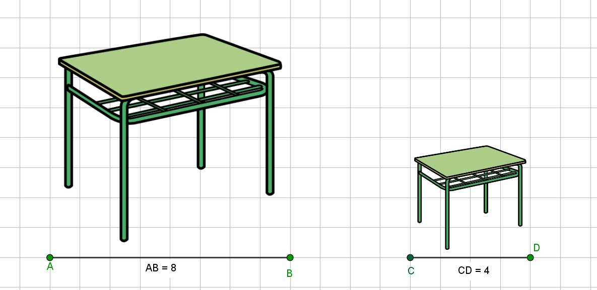 Cuadrícula con dos mesas dibujadas y distintas medidas