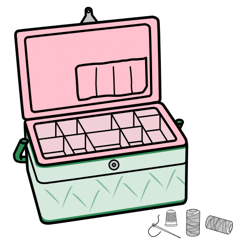 Pictograma que representa unha caixa de costtura aberta con agullas e fíos