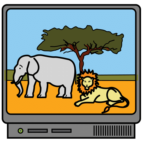 Pictograma que representa un león e un elefante descansando nunha árbore