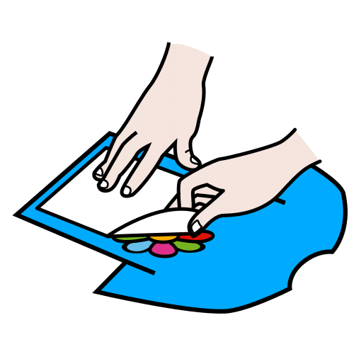 Pictograma que representa unhas mans estampado un debuxo dunha flor