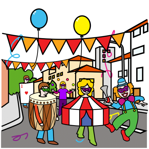 Rúa de Entroido (Arasaac) Imaxe que representa unha festa de Entroido