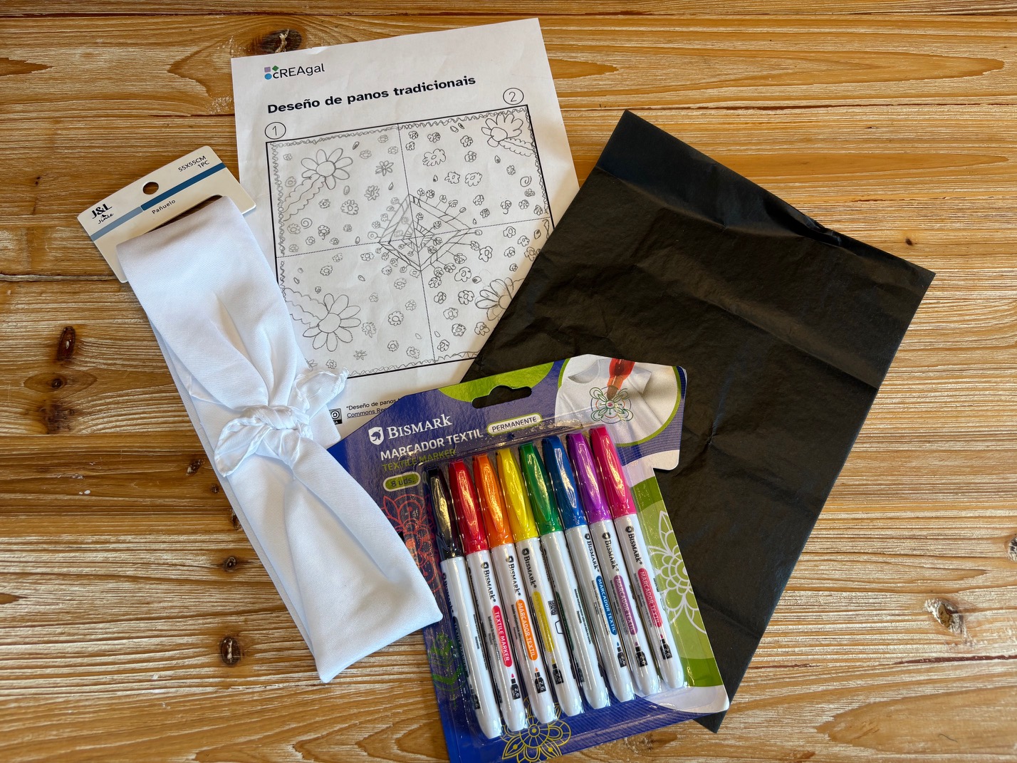 Imaxe dos materiais necesarios: papel de calco, padrón, rotuladores de tea e pano.