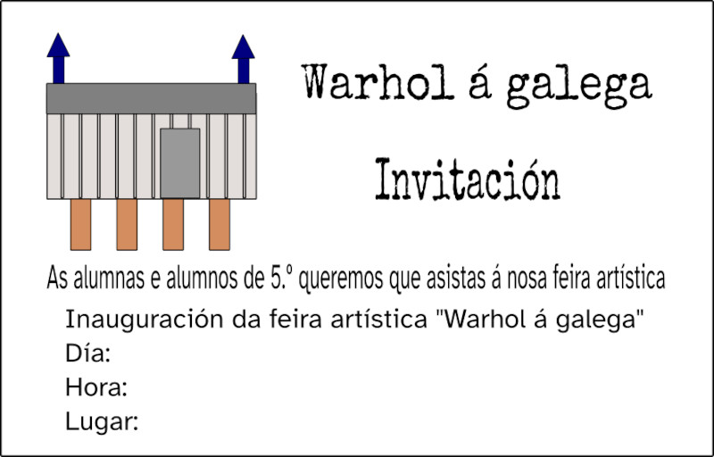 Ilustración que amosa unha invitación cun hórreo, o título Warhol á galega e o texto audiovisuais