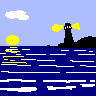 Ilustración animada dunha paisaxe de costa cun faro, ondas no mar e un sol e nube con movemento