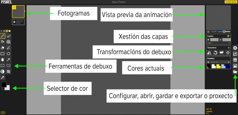 Imaxe que amosa os grupos de funcións de Piskel