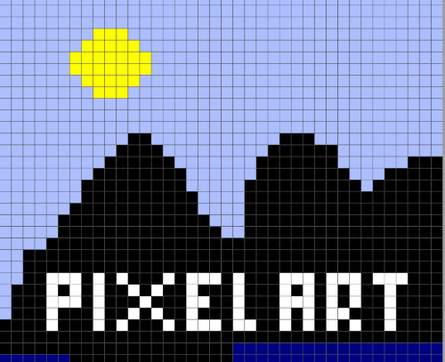 Ilustración dunha paisaxe con montañas e un sol, co texto pixel art