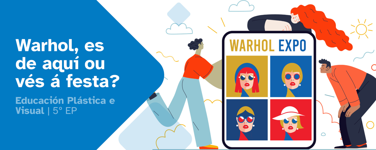 Ilustración de portada do REA, amosa un grupo de 3 persoas que observan un cartel co texto Warhol expo