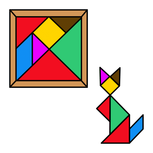 Debuxo dun Tangram e unha imaxe dun gato feito coas pezas do Tangram