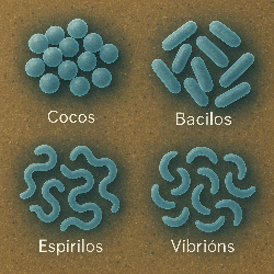 Representación das principais formas das células bacterianas