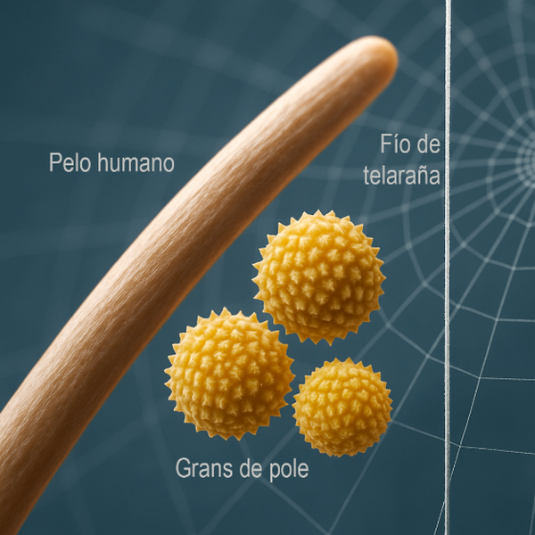 Tamaño relativo de pelo, fío de telaraña e grans de pole.