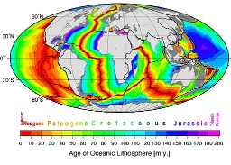 Mapa coa idade da litosfera oceánica, en millóns de anos