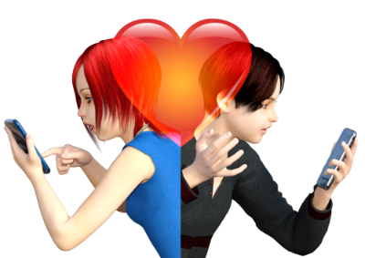 Imagen de una chica y un chico con unos dispositivos móviles en sus manos y un corazón entre ellos.