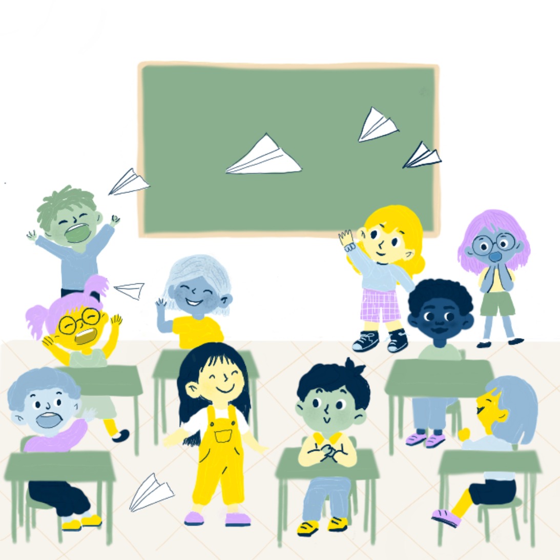 Ilustración en la que se puede ver a niños y niñas que alborotan en un aula
