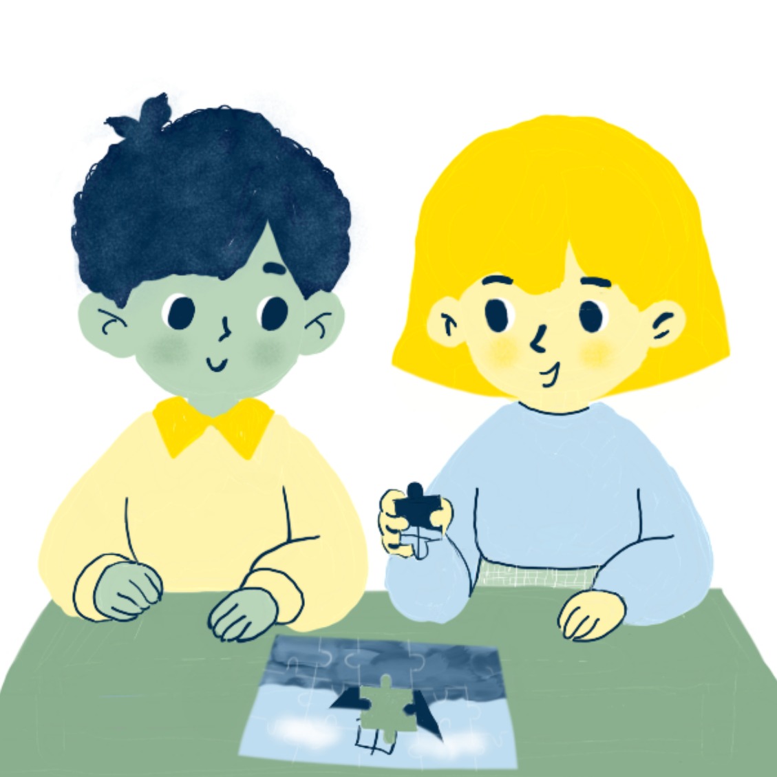 Ilustración en la que se puede ver a una chica y a un chico que colocan la última pieza del puzle