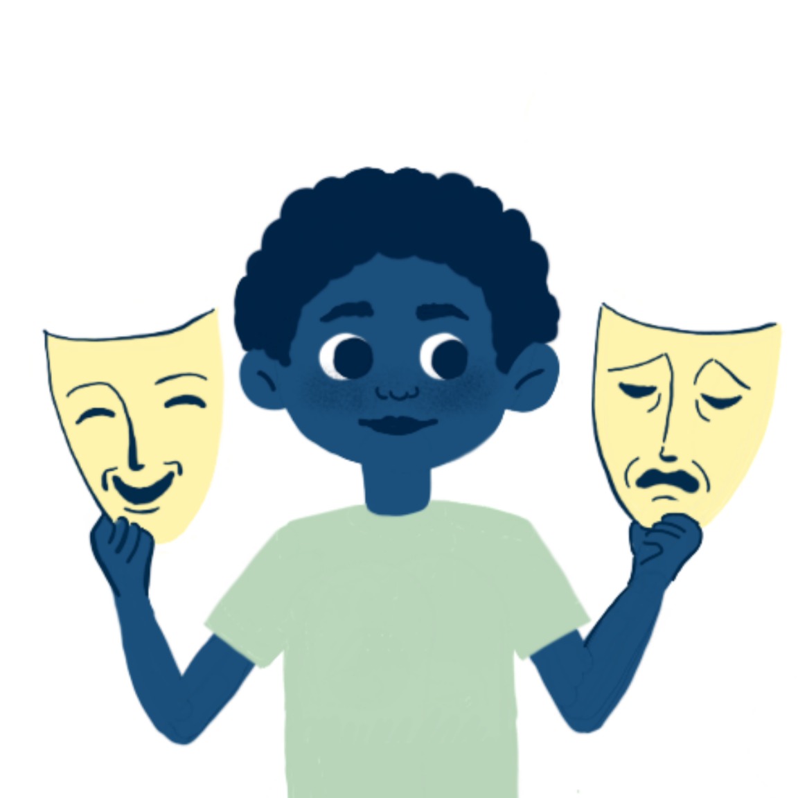 Ilustración en la que se ve a un chico que sujeta una máscara triste en la mano izquierda y una máscara alegre en la mano derecha