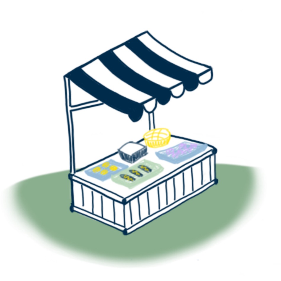 Ilustración en la que se puede ver un estand con varios productos