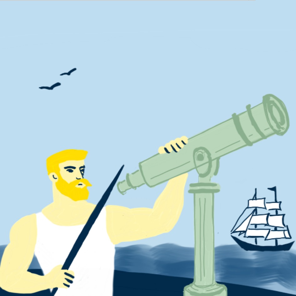 Ilustración en la que se puede ver Ned Land delante de un catalejo