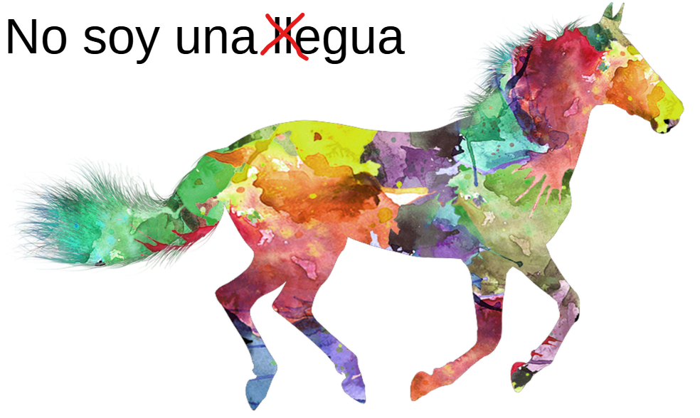 Silueta de yegua de colores con el mensaje No soy una llegua con la ll tachada