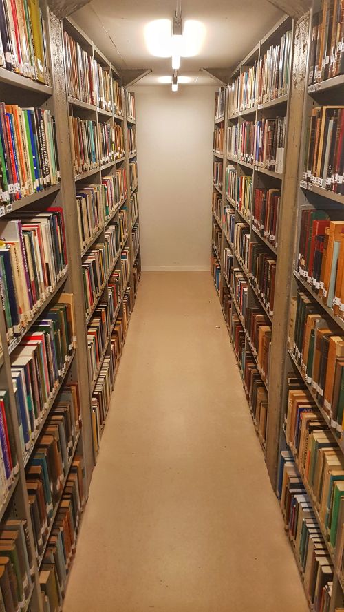 Pasillo de biblioteca con estanterías