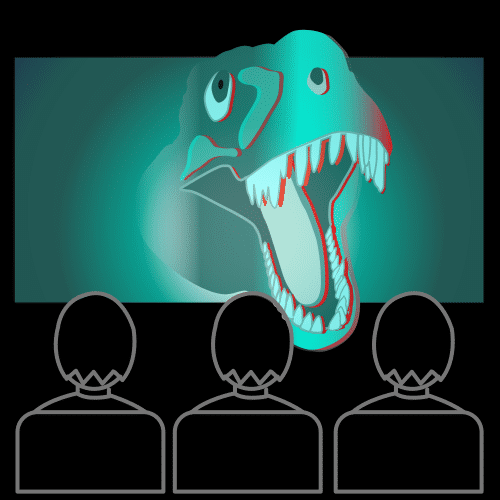 Cine con pantalla y dinosario con la boca abierta en 3D