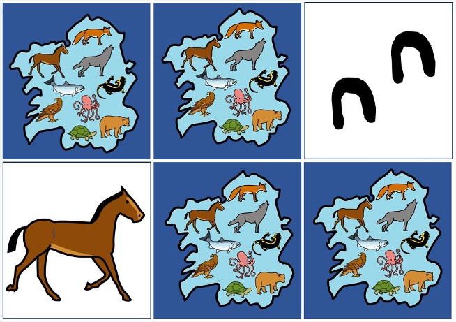 6 cartas do xogo de memoria, unha cun cabalo, outra coa súa pegada e catro polo anverso cun mapa de Galicia no que se poden ver distintos animais galegos como tartaruga, cabalo, píntega, salmón, oso pardo, lobo, raposo, aguia real e polbo