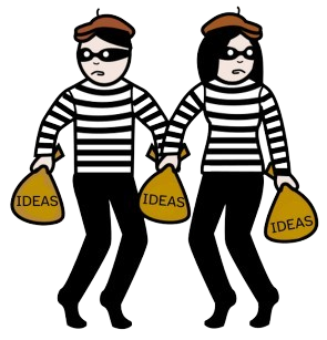 Dous ladróns, un mozo e unha moza con tres bolsas co nome de ideas