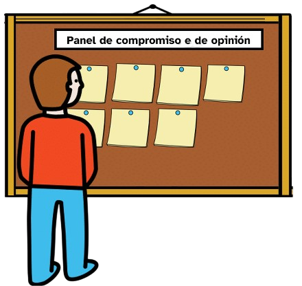 Debuxo dun neno observando o panel de compromisos e opinións.